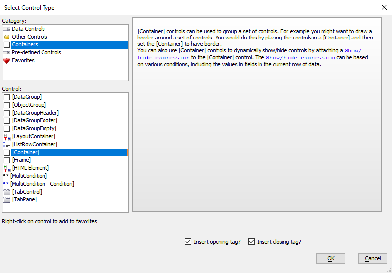 Inserting a Container control